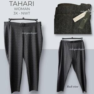 Women's Tahari Pants Black/Gray Herringbone Pattern Pull On Stretch 3X NWT $58